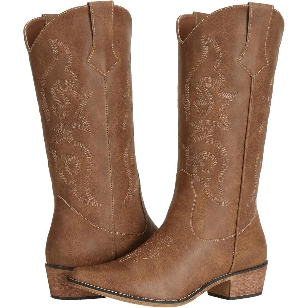 SheSole Western Boots Women Brown  Faux Leather Square Toe Wide Mid Calf - Picture 6 of 7